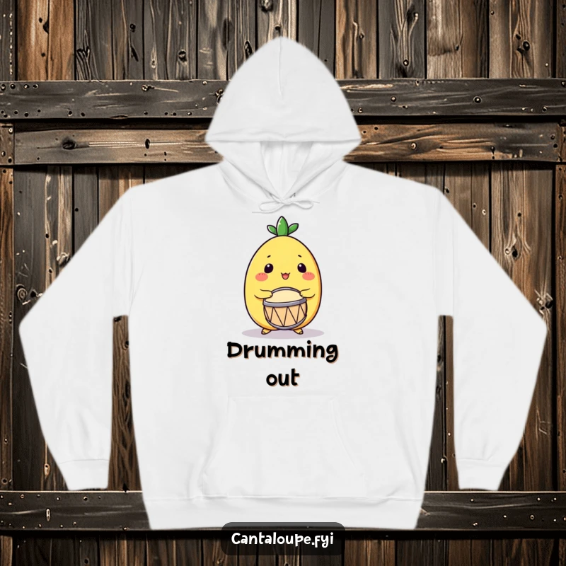 Funny Drumming Cantaloupe Hoodie: A soft hoodie featuring a cantaloupe character enthusiastically playing a small drum, perfect for cozy music lovers.