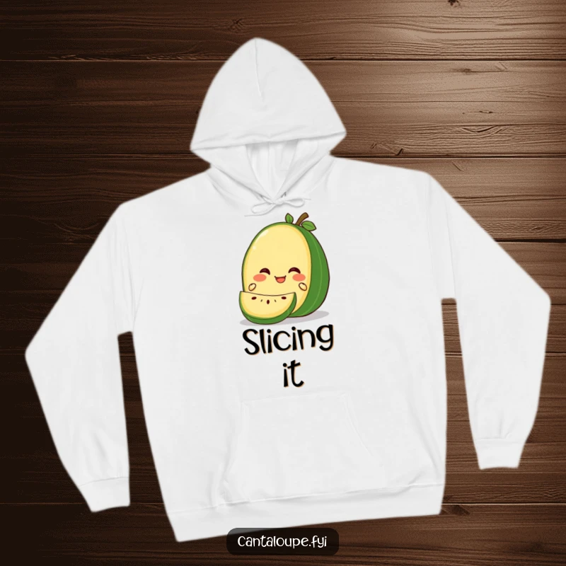 Funny Gleeful Cantaloupe Hoodie: A soft hoodie featuring a cantaloupe character looking overjoyed while being gently sliced, perfect for cozy amusement.