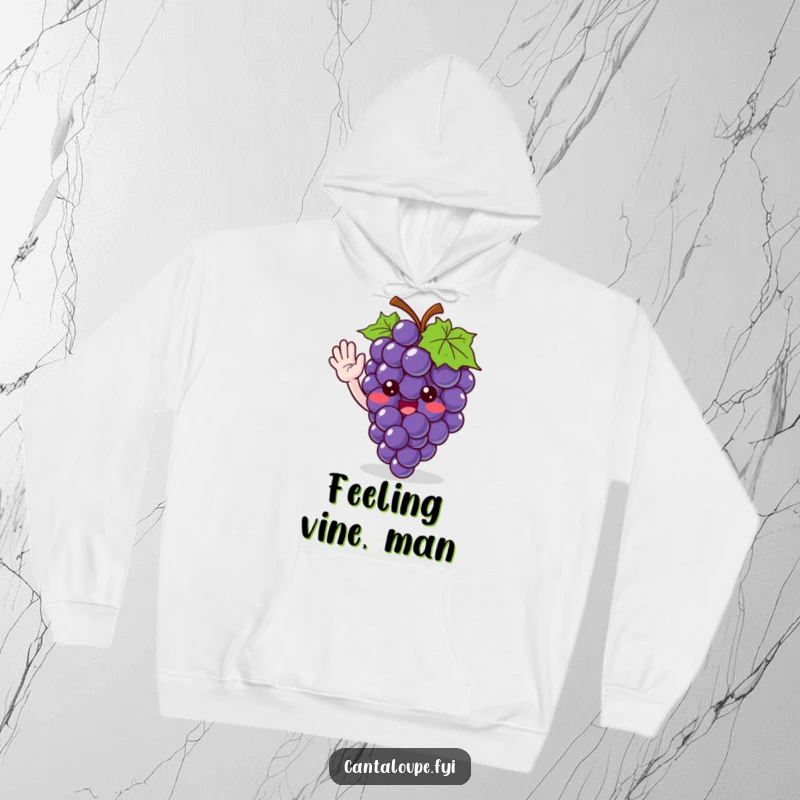 Funny hoodie with a cute grape bunch character giving a friendly wave, bringing warmth, comfort, and a touch of fruity humor.
