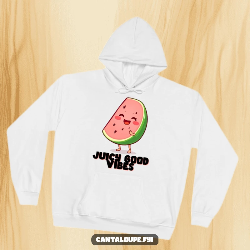 Funny hoodie with a smiling watermelon wedge character wiggling enthusiastically, bringing a burst of summer cheer and playful energy.