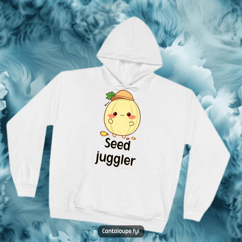 Funny Cantaloupe Juggler Hoodie: A soft hoodie featuring a cantaloupe character with a tiny hat, enthusiastically juggling seeds, perfect for cozy humor.