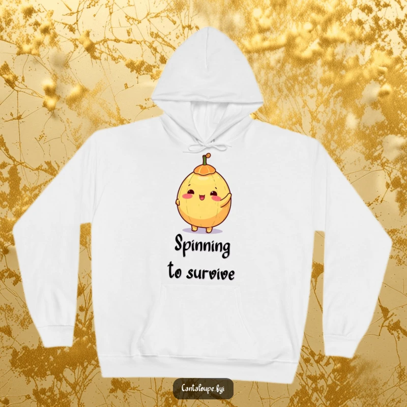 Funny hoodie featuring a happy anthropomorphic cantaloupe character spinning a small, colorful top with joyful abandon.