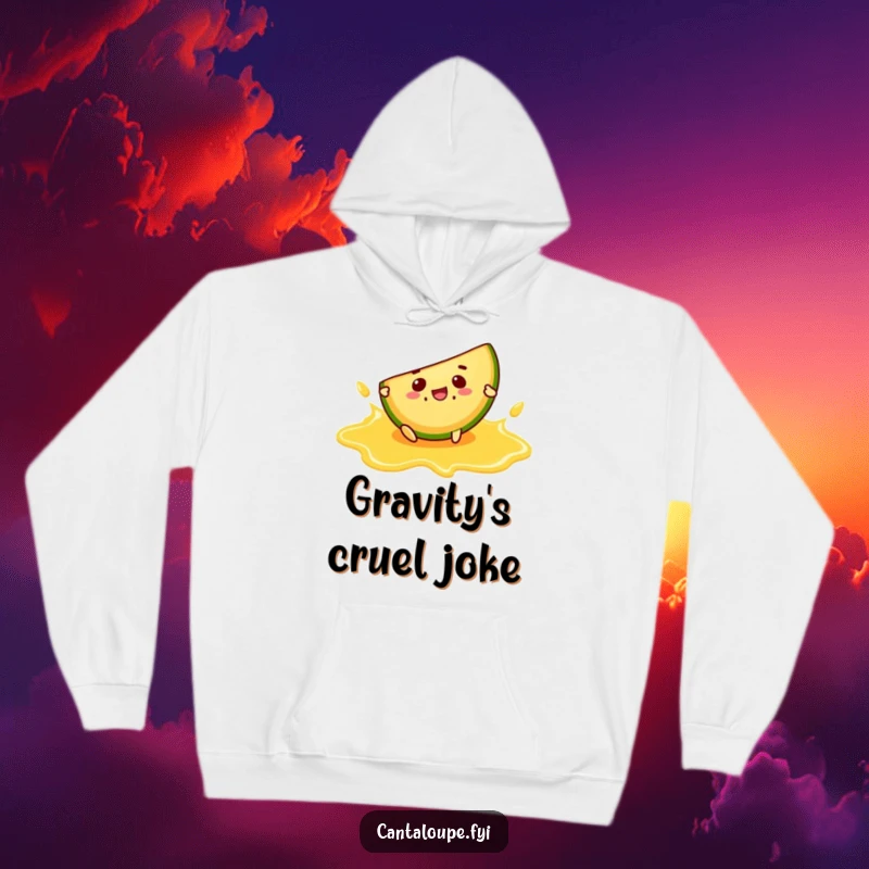 Funny hoodie showing a cantaloupe slice character comically slipping and sliding on a cantaloupe juice puddle.