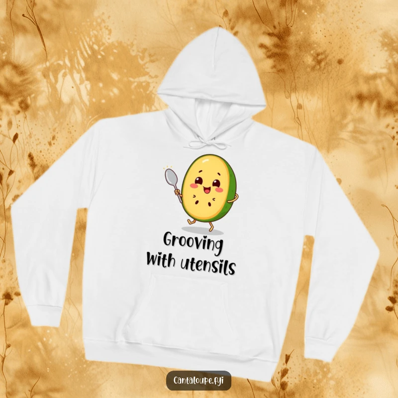 Funny Cantaloupe Slice Hoodie: A cheerful cantaloupe character dances with a spoon, bringing playful energy and warmth. Cozy and fun.