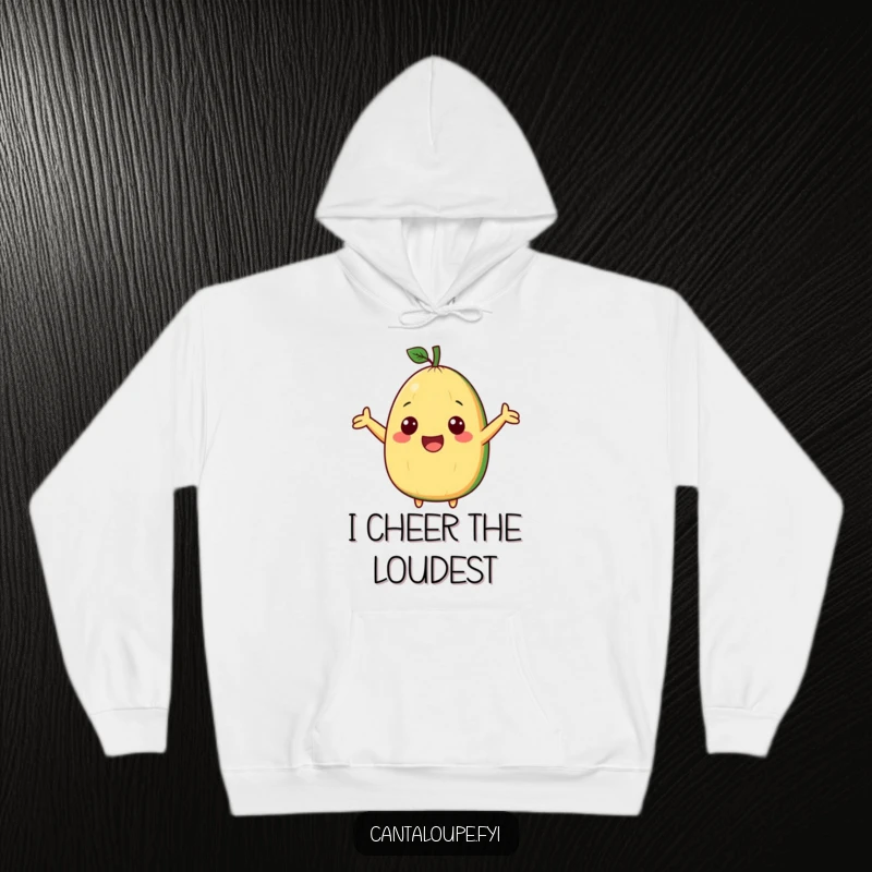 Funny hoodie with a cute cantaloupe wedge character energetically cheering with arms outstretched, perfect for game days.