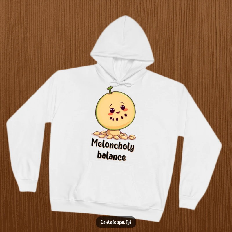 Funny hoodie featuring a cartoon cantaloupe slice character attempting to balance on seeds, highlighting its comical struggle.