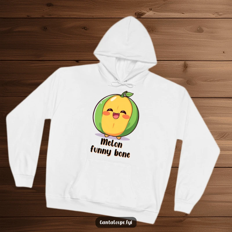 Funny cantaloupe half hoodie, giggling with a big, juicy laugh, offering warmth and comical joy for cozy moments.