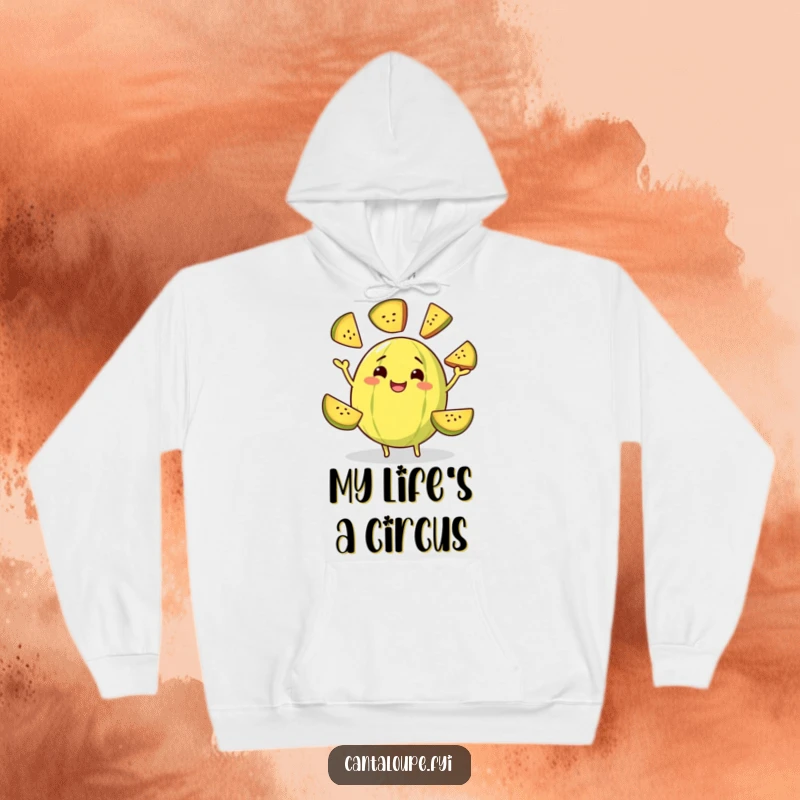 Funny hoodie showing a cantaloupe character grinning while juggling multiple slices of its own fruit, perfect for a cozy day.