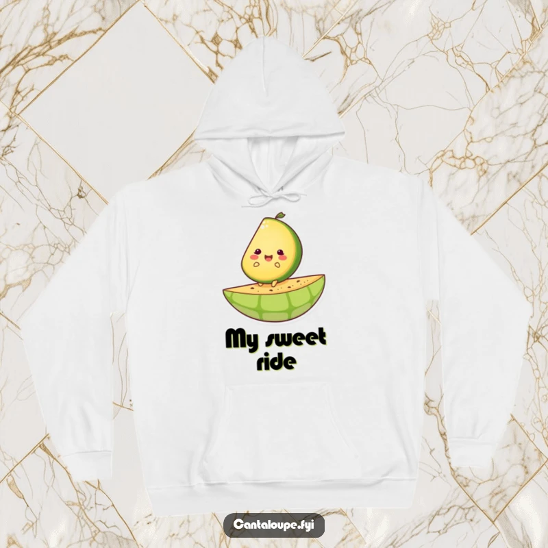 Funny hoodie showing a happy cantaloupe slice character joyfully cruising on a giant melon rind.