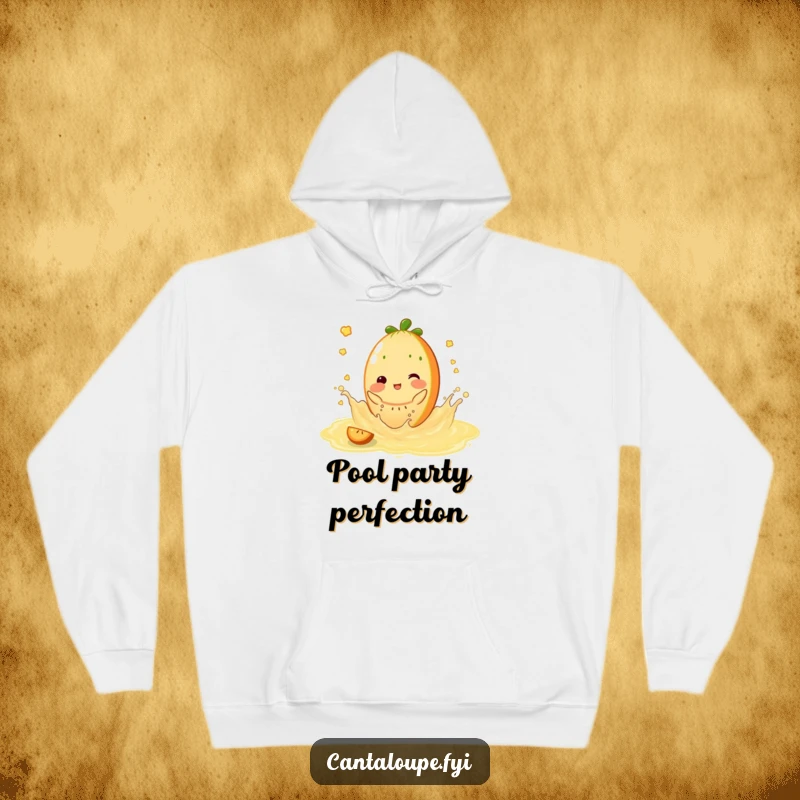Funny Hoodie: Cantaloupe character having a playful splash in a pool of sweet juice, perfect for cozying up with summer vibes.