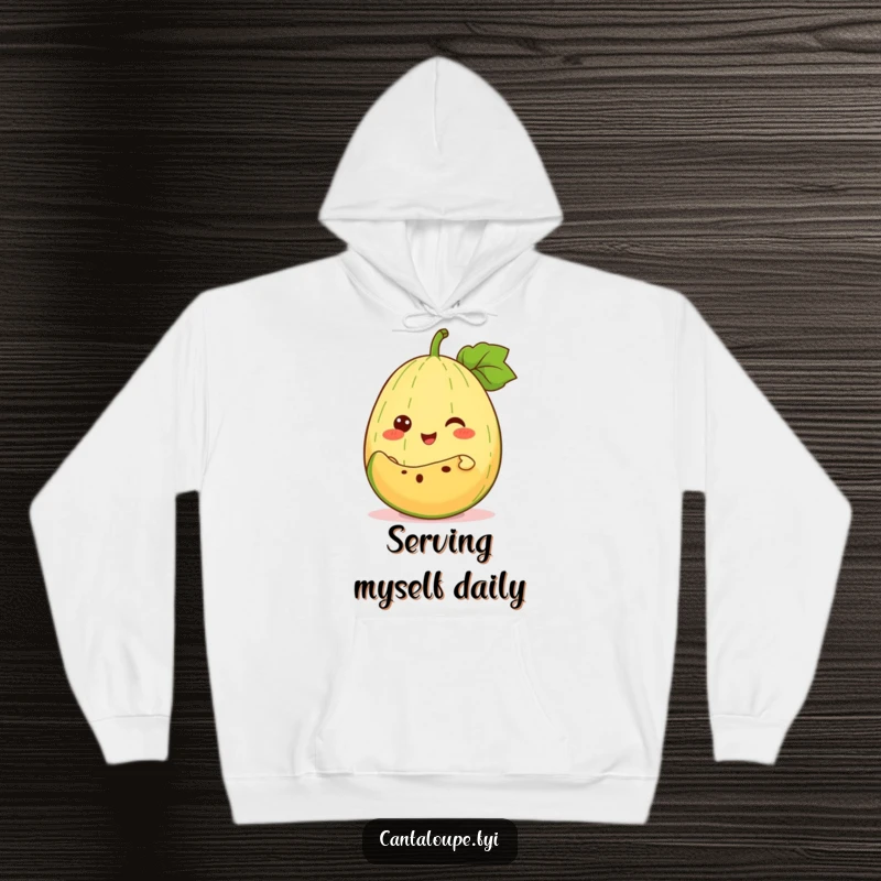 Funny Hoodie: An anthropomorphic cantaloupe cheerfully offers a slice of itself, radiating warmth and fruity generosity.