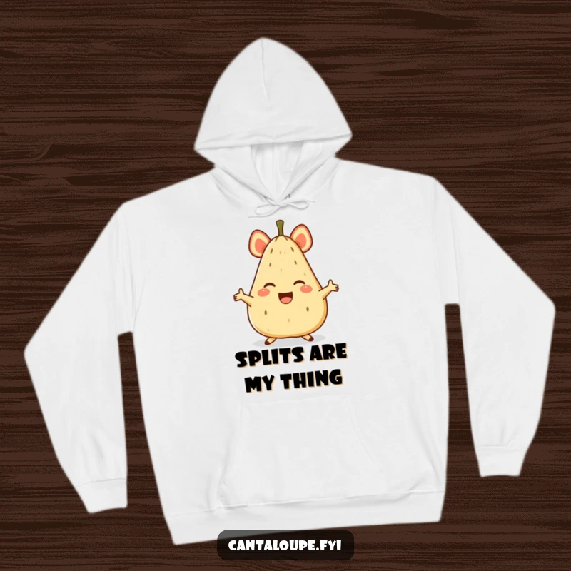 Funny hoodie with an anthropomorphic cantaloupe character masterfully performing a joyful split, radiating pure happiness.