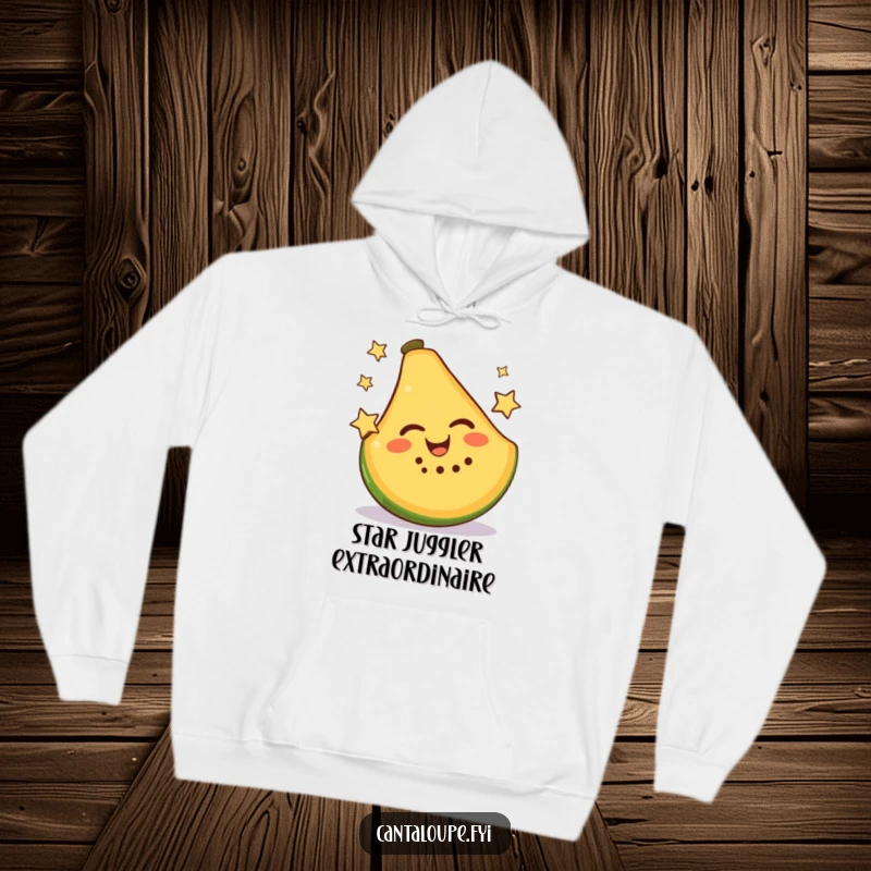 Funny Hoodie showcasing a cheerful cantaloupe slice artistically juggling two small stars, radiating pure, unadulterated joy.