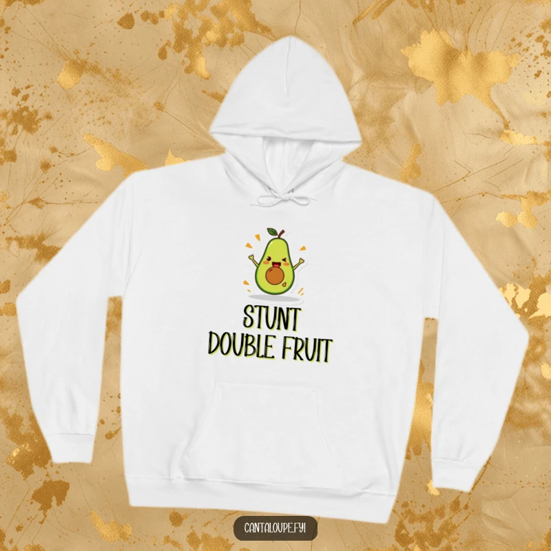 Funny Avocado Hoodie: A warm hoodie featuring a happy avocado character performing a silly stunt, perfect for relaxation.