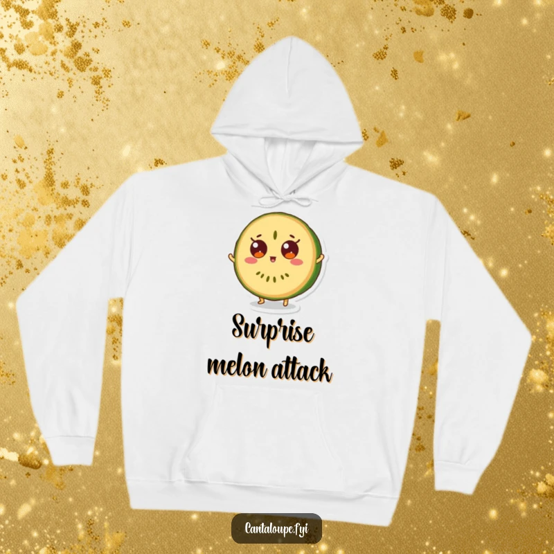 Funny hoodie showcasing a cantaloupe slice character in a surprised upward bounce, eyes wide with delight.