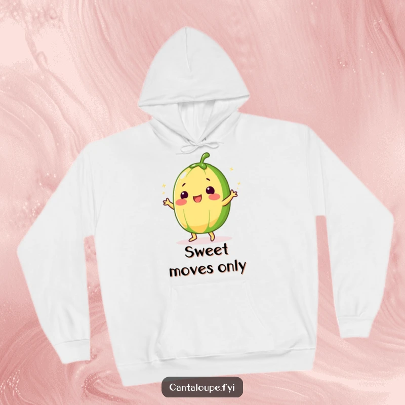 Funny Cantaloupe Hoodie showing a character doing a silly dance, dusted with sugar, for ultimate cozy, sweet fun.