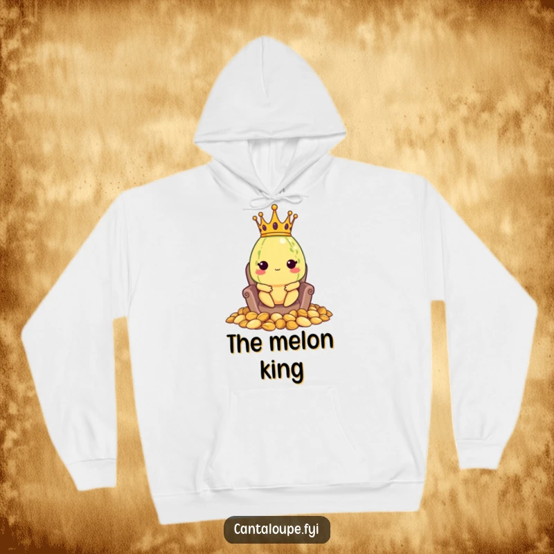 Funny hoodie featuring a cantaloupe character wearing a crown and seated on a throne made of seeds, exuding royal and humorous charm.