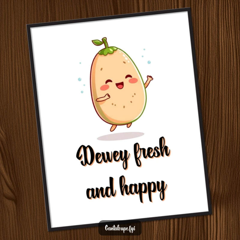 Funny Free Printable Wall Art: A cantaloupe character in a happy, bouncy jig, sprinkled with dewdrops, full of life.