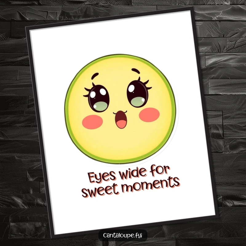 Funny Free Printable Wall Art: Cantaloupe Slice Character with Exaggeratedly Wide, Watery Eyes, Looking Astonished