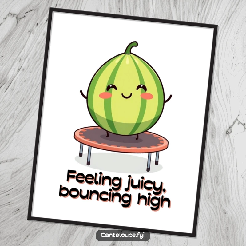 Funny Free Printable Wall Art: A smiling cantaloupe segment energetically bouncing on a trampoline, adding a playful vibe.