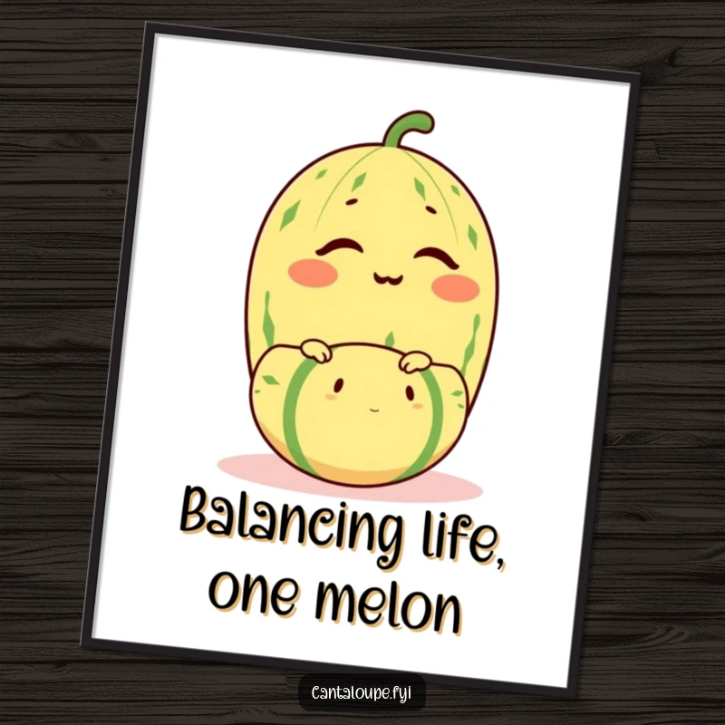 Funny free printable wall art of a cantaloupe character winking mischievously while perfectly balancing a smaller melon.