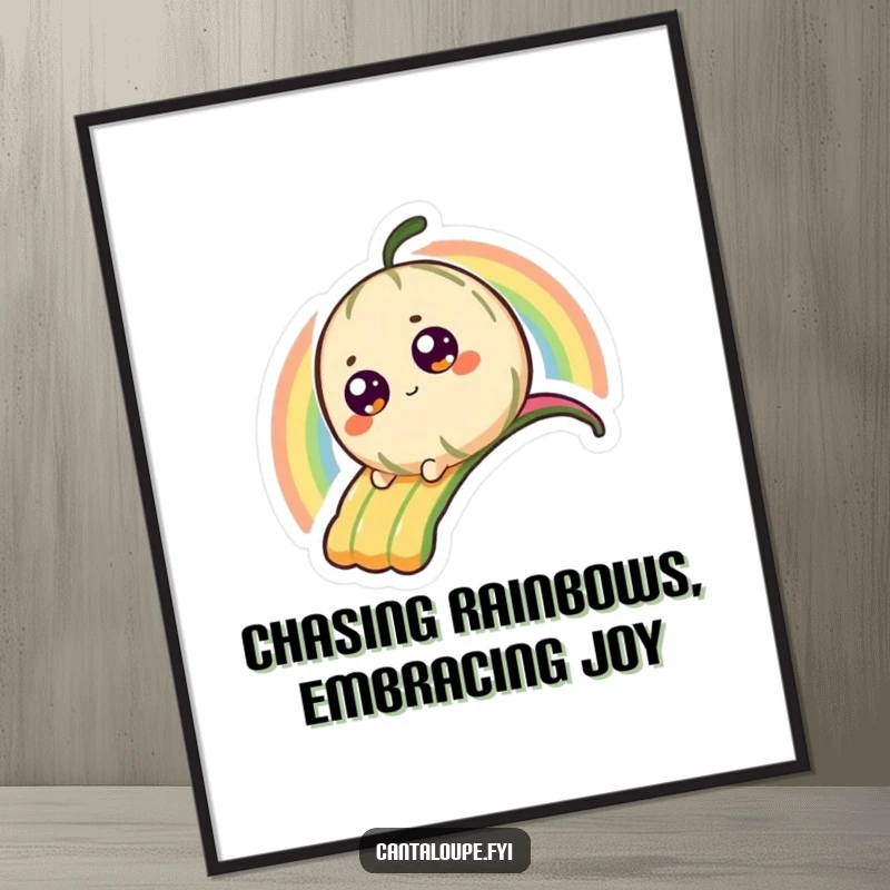 Funny Free Printable Wall Art: A cantaloupe character slides down a dazzling rainbow, bringing joy.