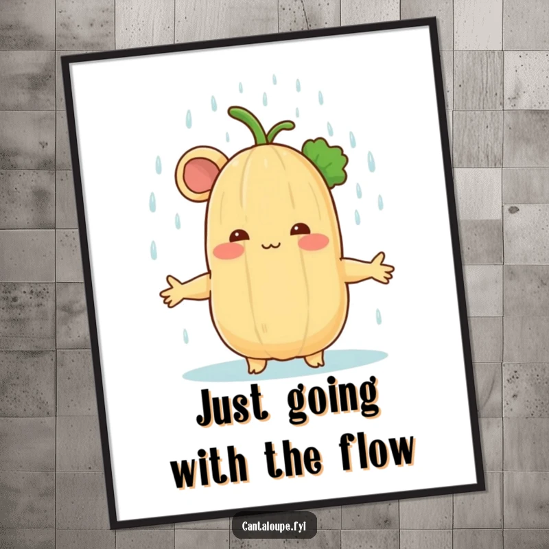 Funny Free Printable Wall Art: A cantaloupe character joyfully receiving a gentle rain shower, serene and amusing.