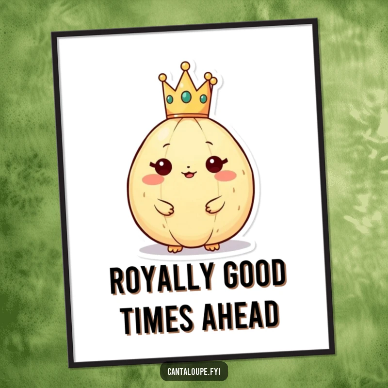Funny Free Printable Wall Art: A cantaloupe character wearing a tiny golden crown, looking regally amusing.