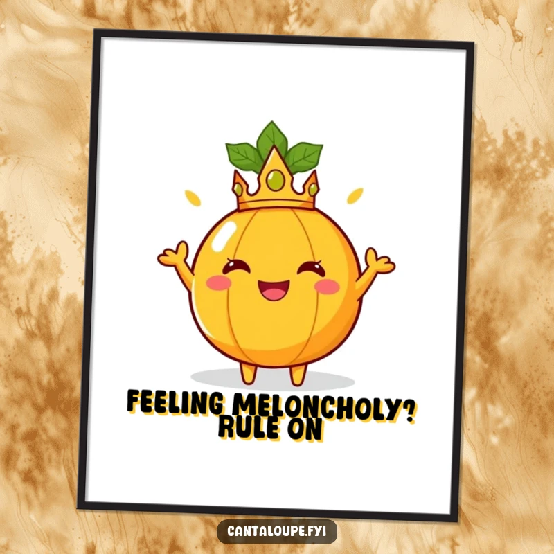 Funny Free Printable Wall Art: A crowned cantaloupe character striking a regal pose, radiating sunny joy, fit for a cheerful kingdom.