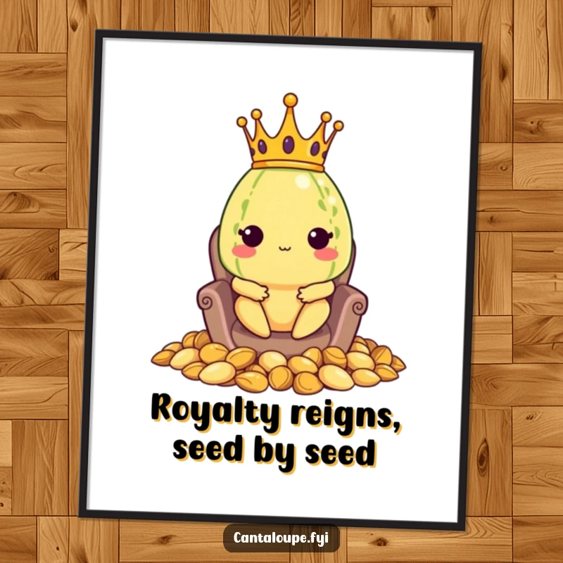 Funny Free Printable Wall Art: a cantaloupe character reigns supreme on a throne of seeds, wearing a crown with a cheeky grin.