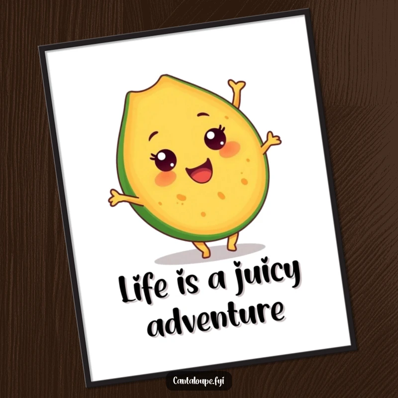Funny Free Printable Wall Art: Energetic Cantaloupe Slice Character Doing a Cheerful Somersault, Capturing Playful Movement