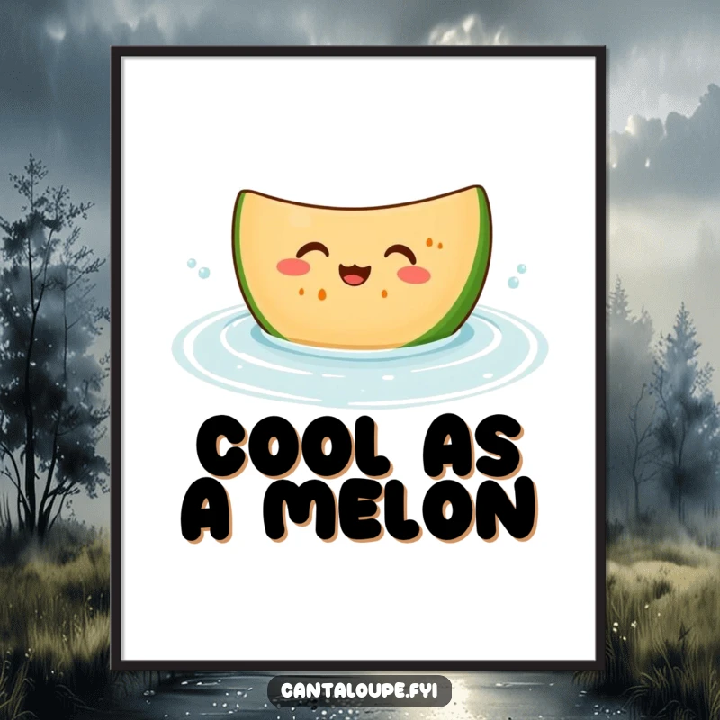 Funny Free Printable Wall Art: A happy cantaloupe slice character giggling joyfully while bobbing in refreshing water, a cool decor piece.