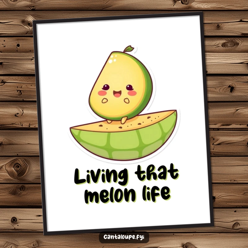 Funny Free Printable Wall Art: Cantaloupe slice character happily riding a giant melon rind, whimsical and joyful decor.
