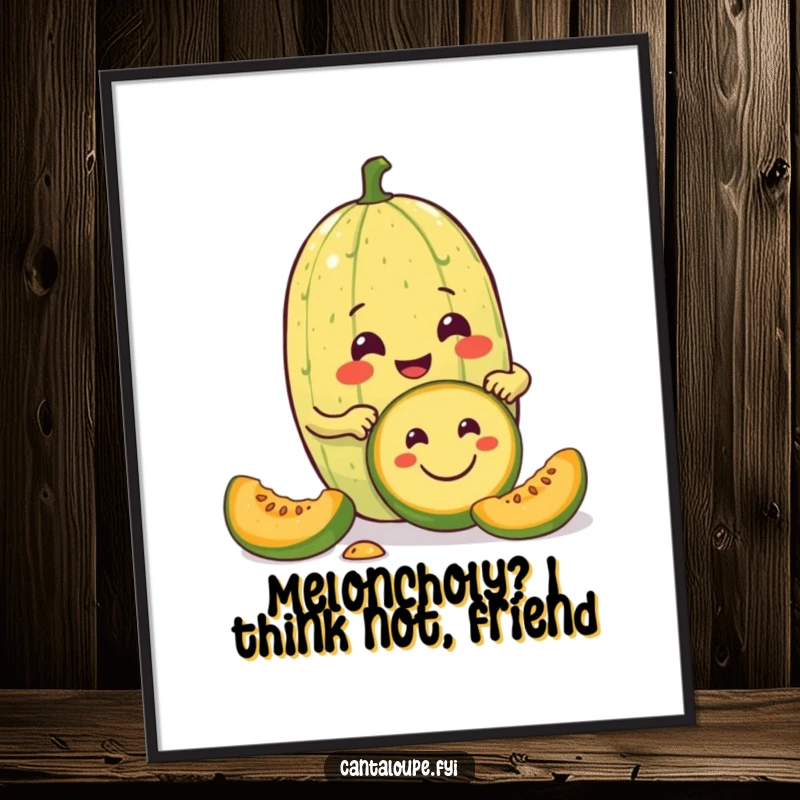 Funny Free Printable Wall Art: A cantaloupe character enthusiastically carves a smiley face into a smaller melon.