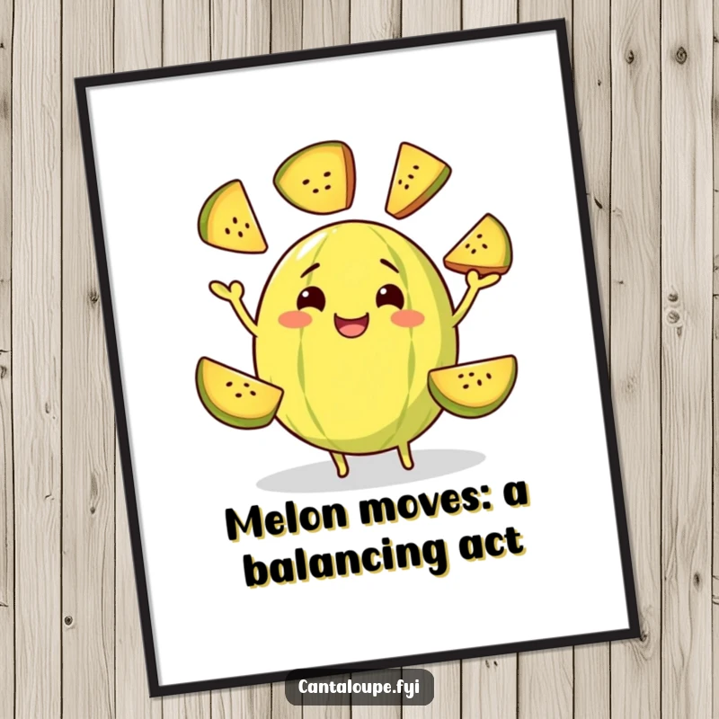 Funny Free Printable Wall Art: a cantaloupe character demonstrates incredible balance, juggling slices of itself with a huge, satisfied grin.
