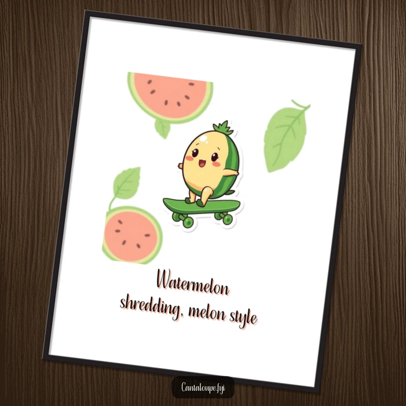 Funny Free Printable Wall Art: a cantaloupe character shreds on a giant watermelon skateboard, embodying pure, unadulterated fun.