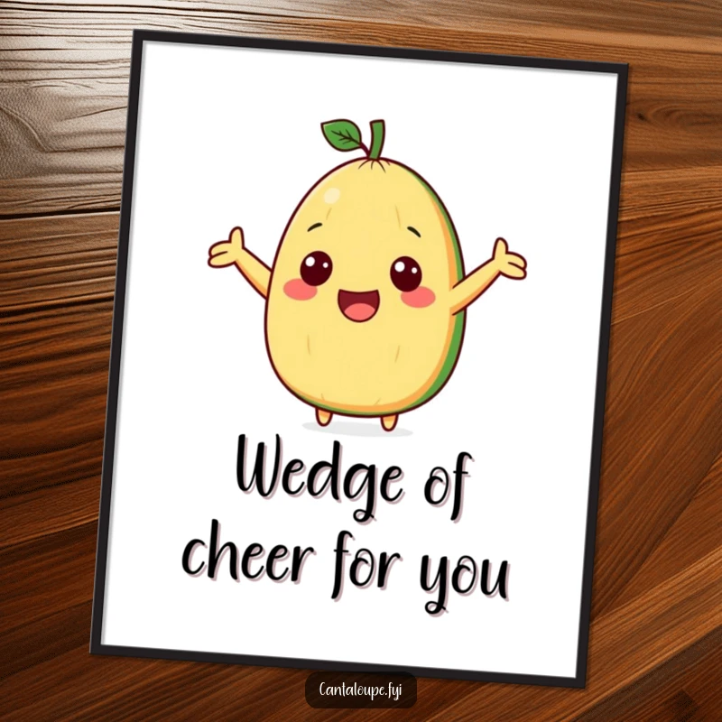 Funny Free Printable Wall Art featuring a cute cantaloupe wedge character cheering with excitement and outstretched arms.