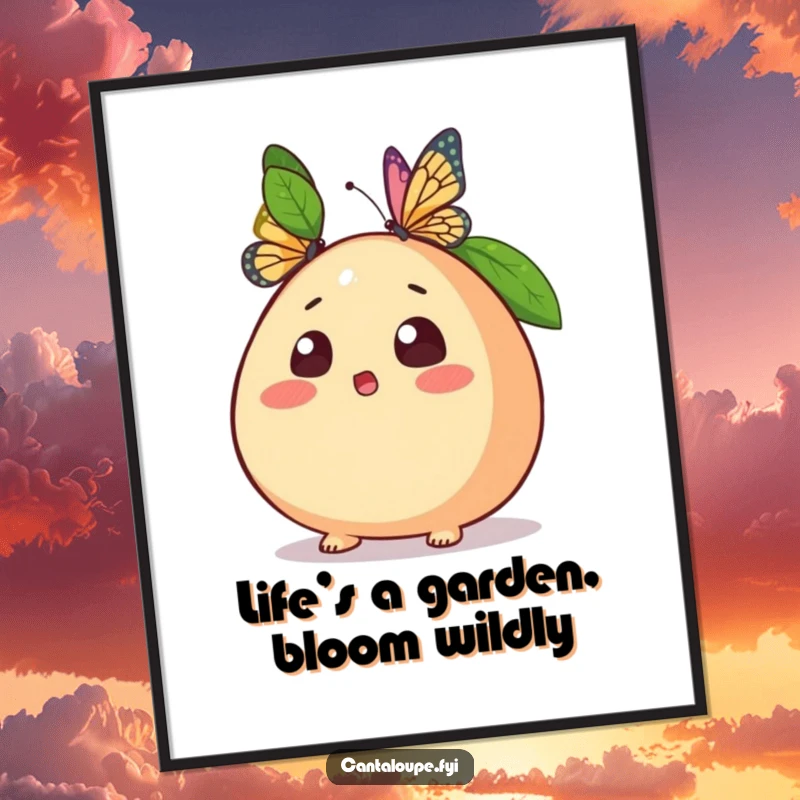 Funny Free Printable Wall Art of a cantaloupe character looking shocked as a butterfly lands on its nose, quirky decor.