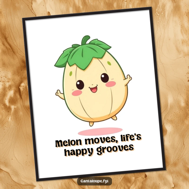 Funny Free Printable Wall Art: A cheerful cantaloupe character happily bouncing, a vibrant and downloadable piece of art with playful personality.