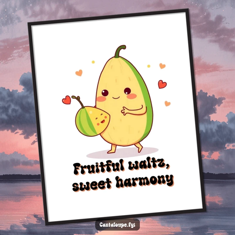 Funny Free Printable Wall Art featuring an anthropomorphic cantaloupe character merrily waltzing with another fruit, celebrating movement and fruity friendship.