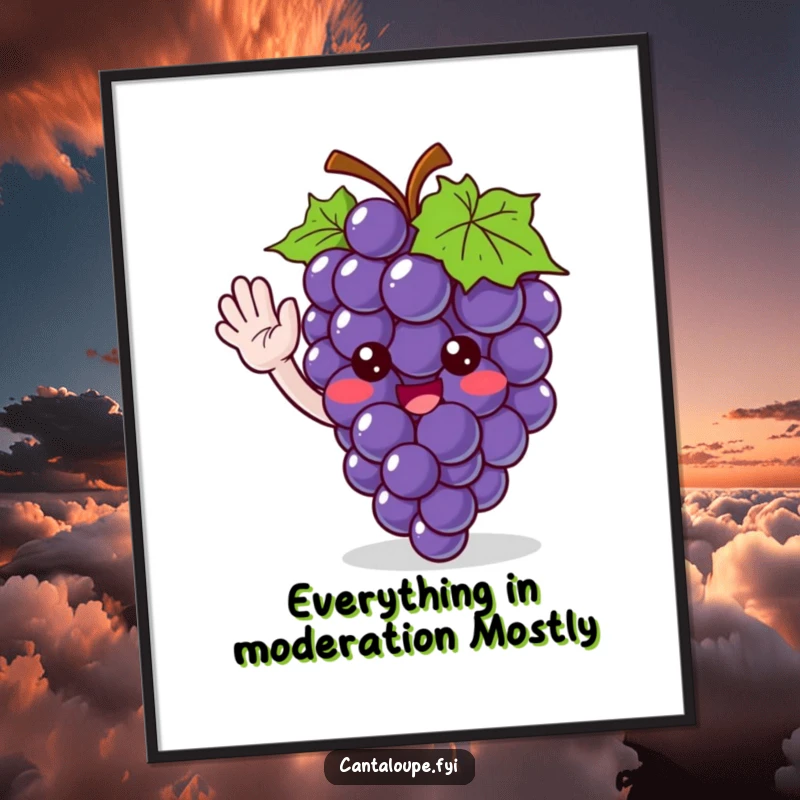 Funny Free Printable Wall Art: Cute grape bunch character giving a friendly wave, adding whimsical fun.
