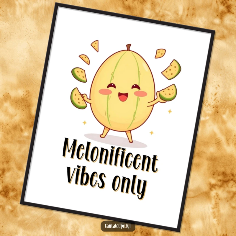 Funny Free Printable Wall Art: An anthropomorphic cantaloupe joyfully juggling smaller cantaloupe slices, a delightful scene.