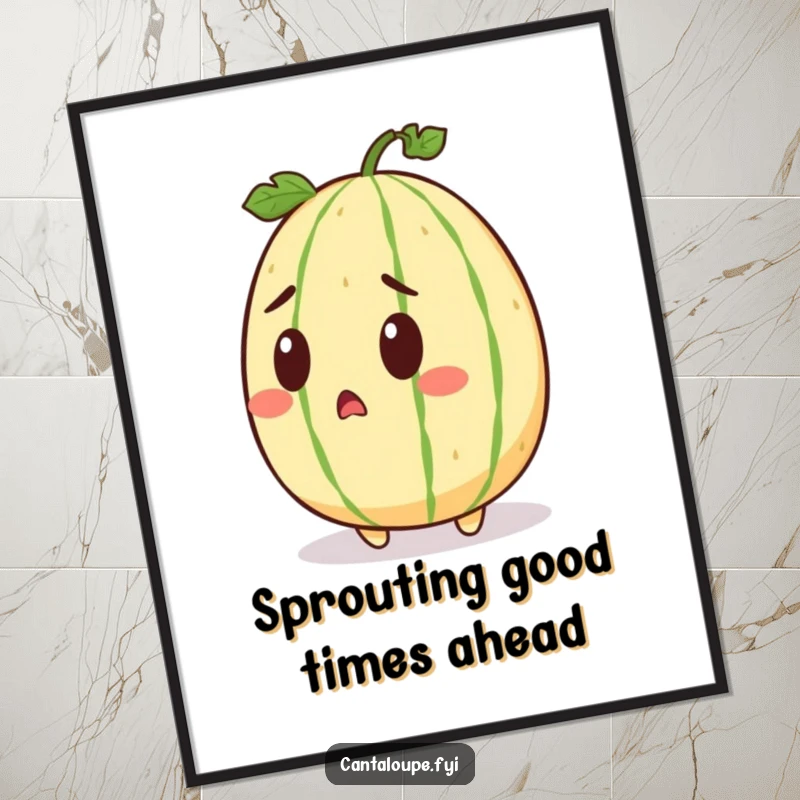 Funny Free Printable Wall Art: A cantaloupe character with a shocked expression as tiny seeds sprout from its top.