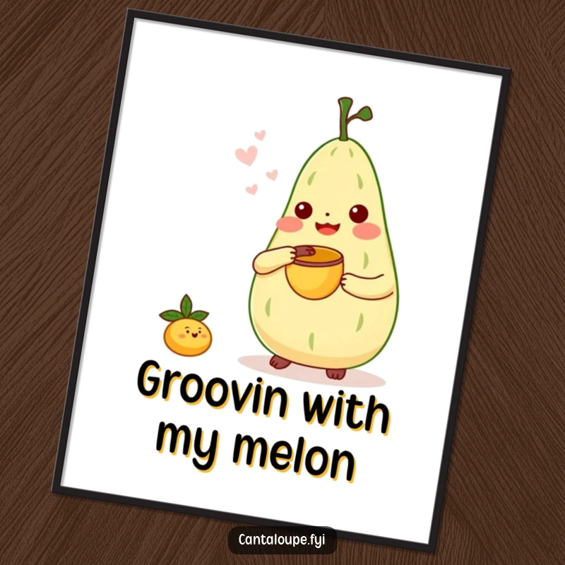 Funny Free Printable Wall Art: Anthropomorphic cantaloupe character playing tiny bongos with a melon scoop, upbeat vibe.