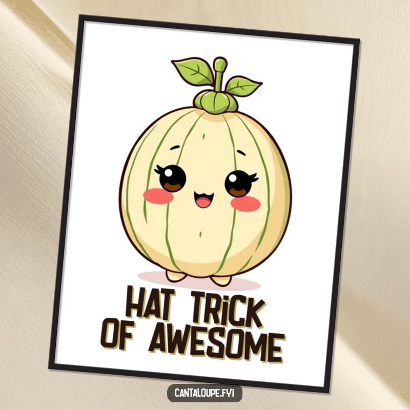 Funny Free Printable Wall Art: Cantaloupe character proudly wearing a tiny green stem hat, exuding confidence.