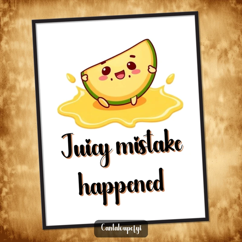 Funny Free Printable Wall Art: Cantaloupe slice character comically slipping on a juice puddle, a humorous and quirky decor piece.