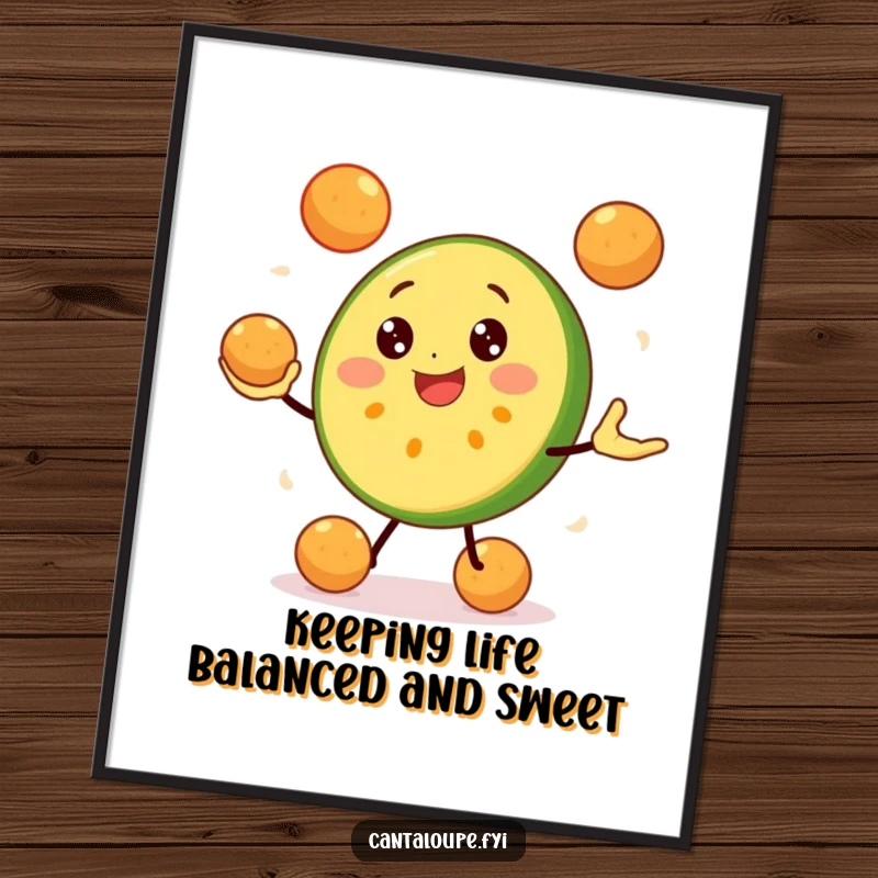 Funny Free Printable Wall Art: Joyful Cantaloupe Slice Character Happily Juggling Several Melon Balls, Creating a Scene
