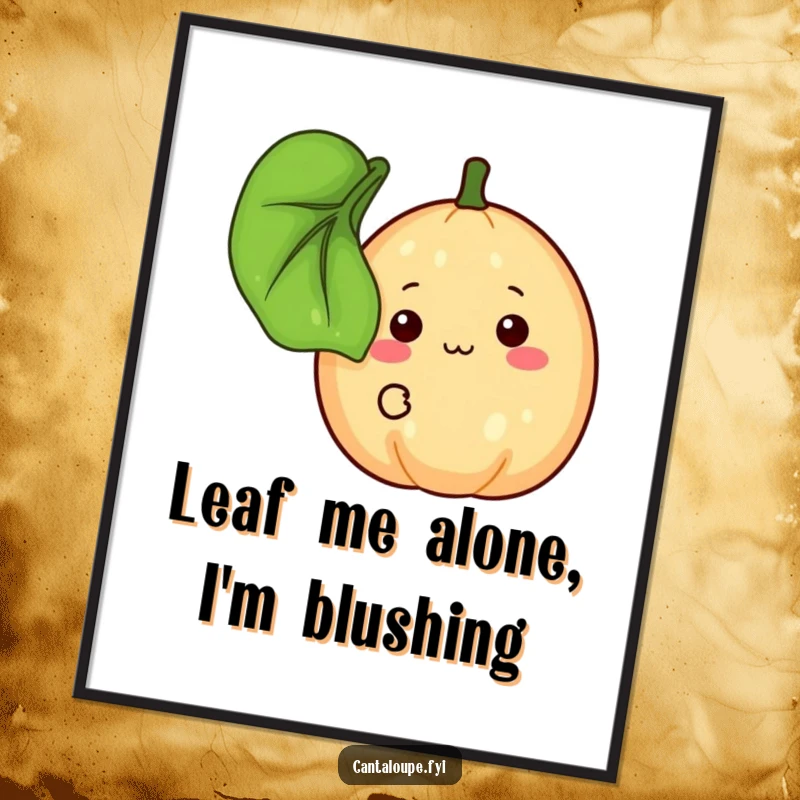 Funny Free Printable Wall Art: A shy cantaloupe character peeking from behind a leaf with a timid smile, bringing gentle charm.