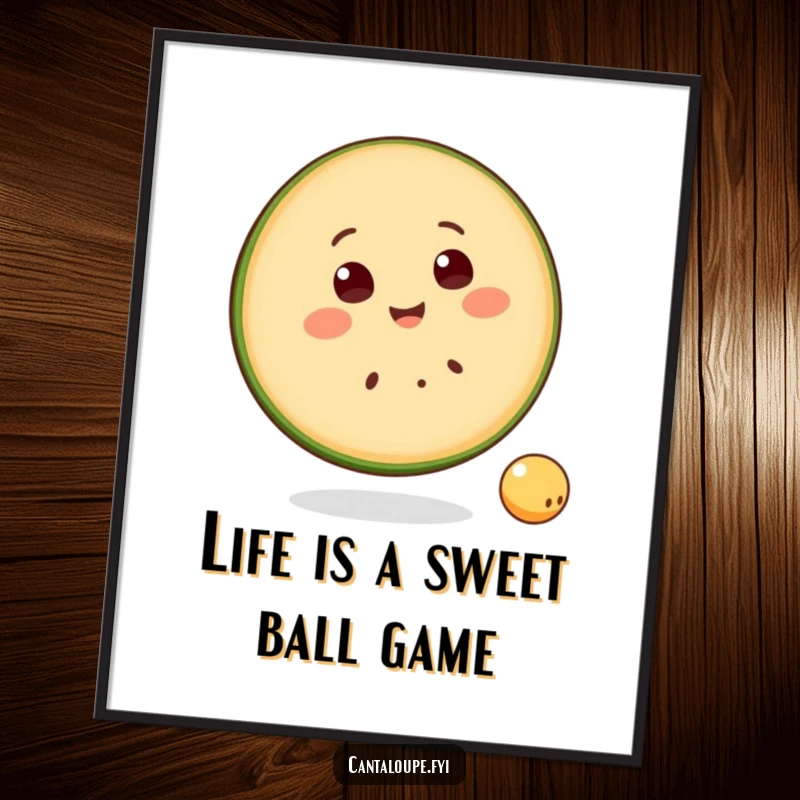 Funny Free Printable Wall Art: Smiling cantaloupe slice character happily bounces a small ball, adding fruity charm.