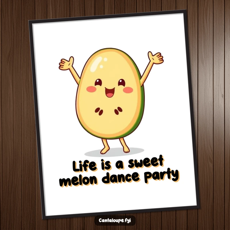 Funny Free Printable Cantaloupe slice character performing a joyful dance with arms flair, vibrant fruit wall art.